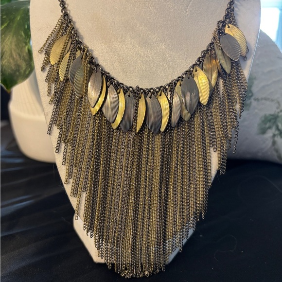 Simon Chang Jewelry - Simon Chang Gold Tone Fringe Statement Bib Necklace Leaf Chain